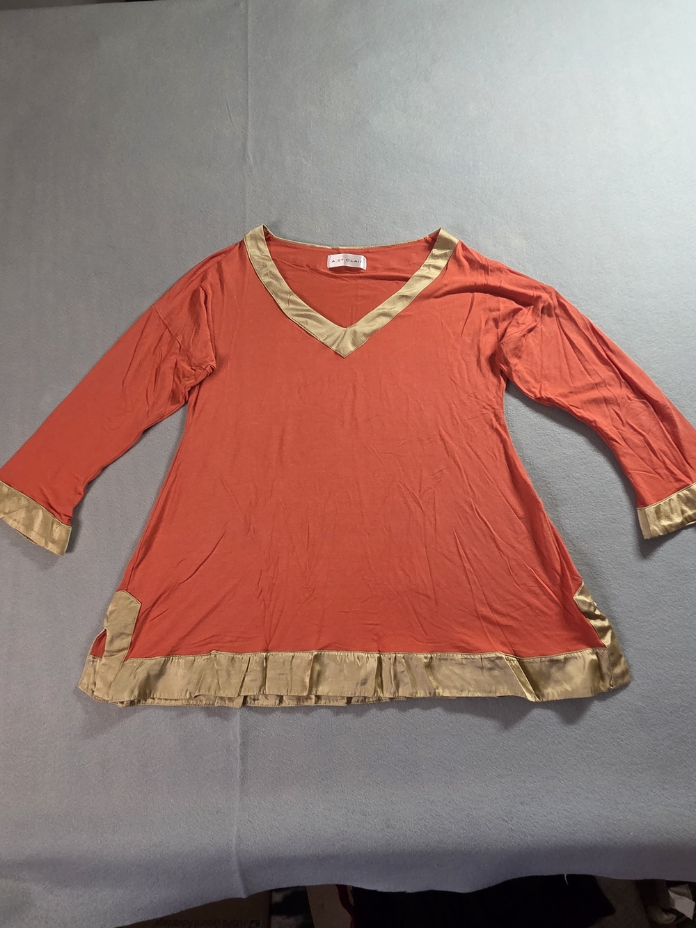 Women's Orange V-Neck Tunic with Gold Trim - Casual A-Line Top